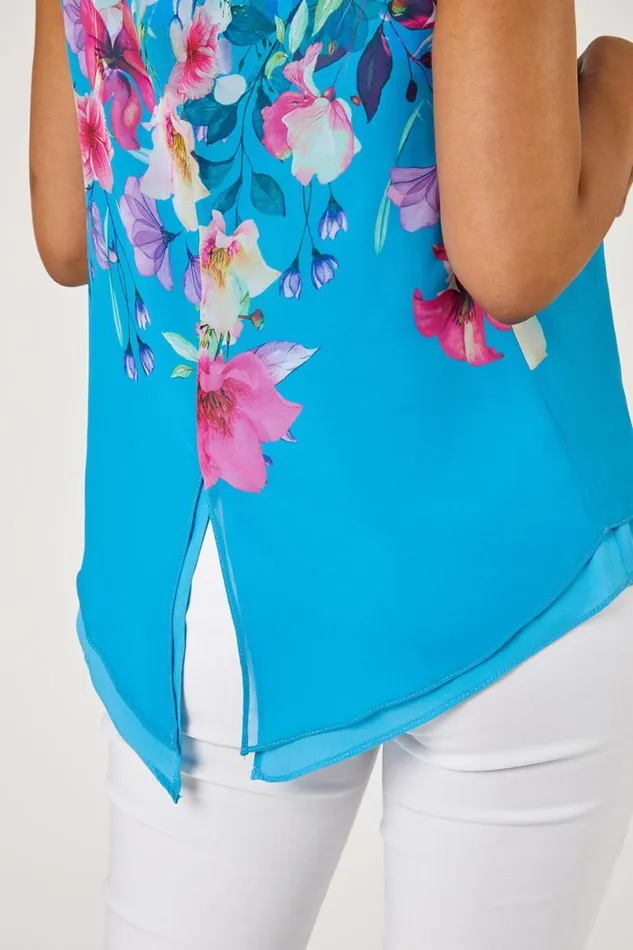 Turquoise Petite Floral Print Chiffon Overlay Top Women Roman Tops