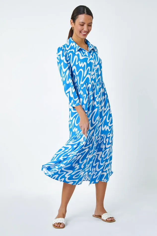 Turquoise Wave Print Tiered Shirt Dress Women Roman Dresses