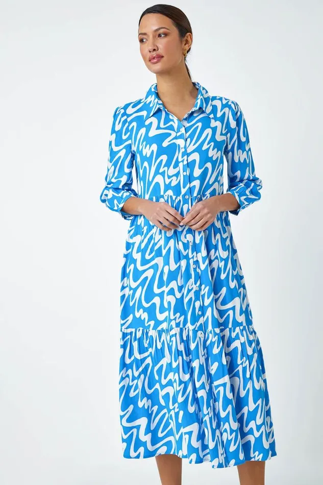 Turquoise Wave Print Tiered Shirt Dress Women Roman Dresses