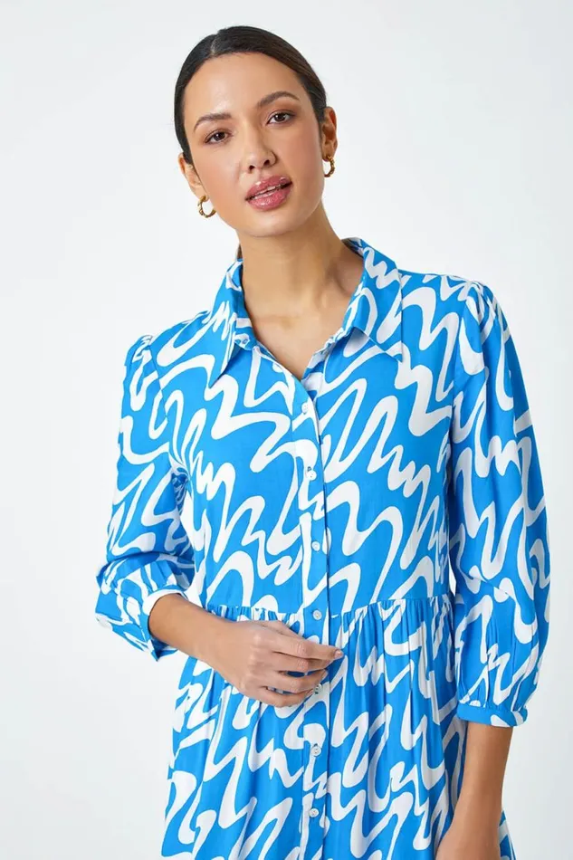 Turquoise Wave Print Tiered Shirt Dress Women Roman Dresses