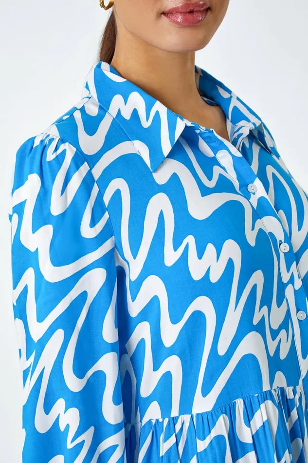 Turquoise Wave Print Tiered Shirt Dress Women Roman Dresses