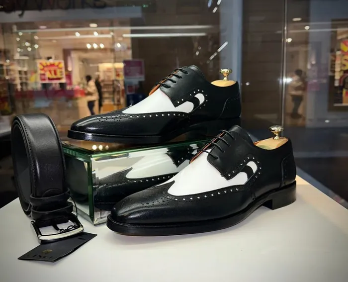 Vinci Leather Dress Shoes The Neiva Black and White Wingtip Semi Brogue Derby Shoe 8211 Men
