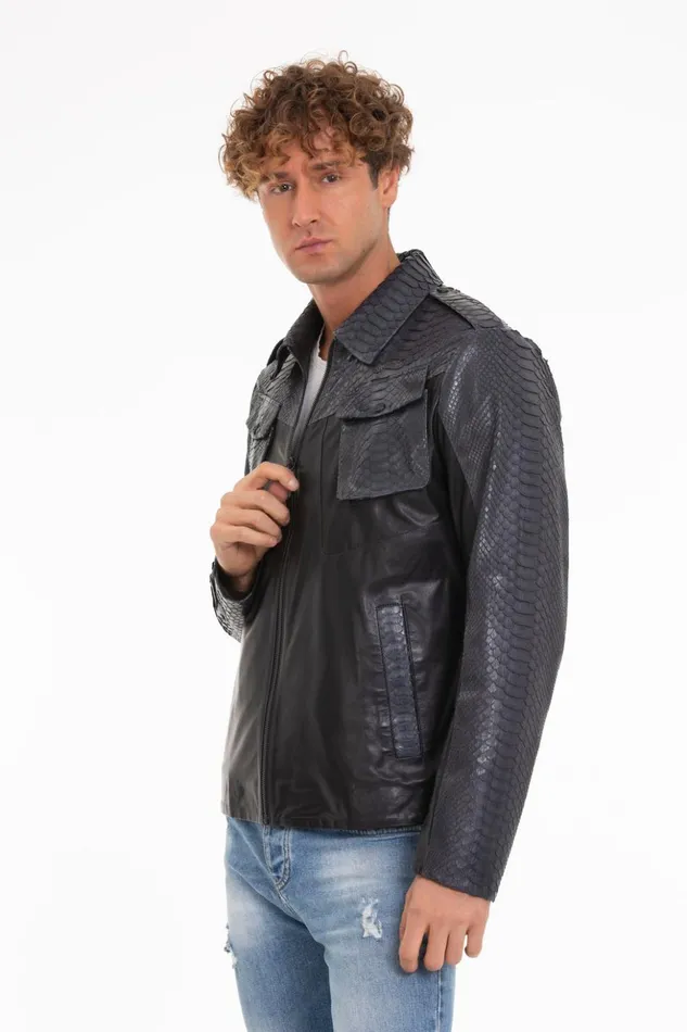 Vinci Leather Leather Jackets The Agron Pythn Navy Blue Leather Jacket 8211 Men