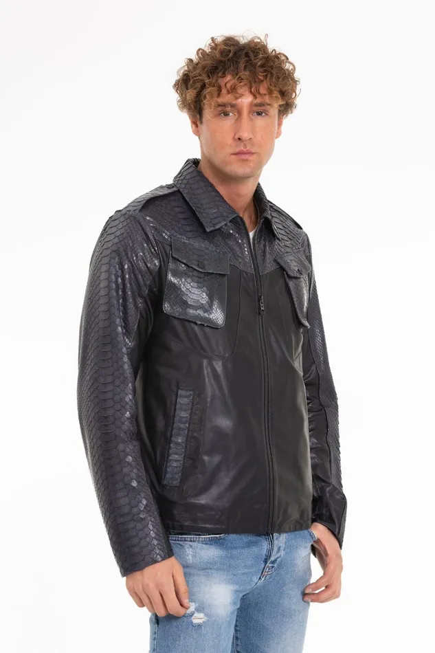 Vinci Leather Leather Jackets The Agron Pythn Navy Blue Leather Jacket 8211 Men