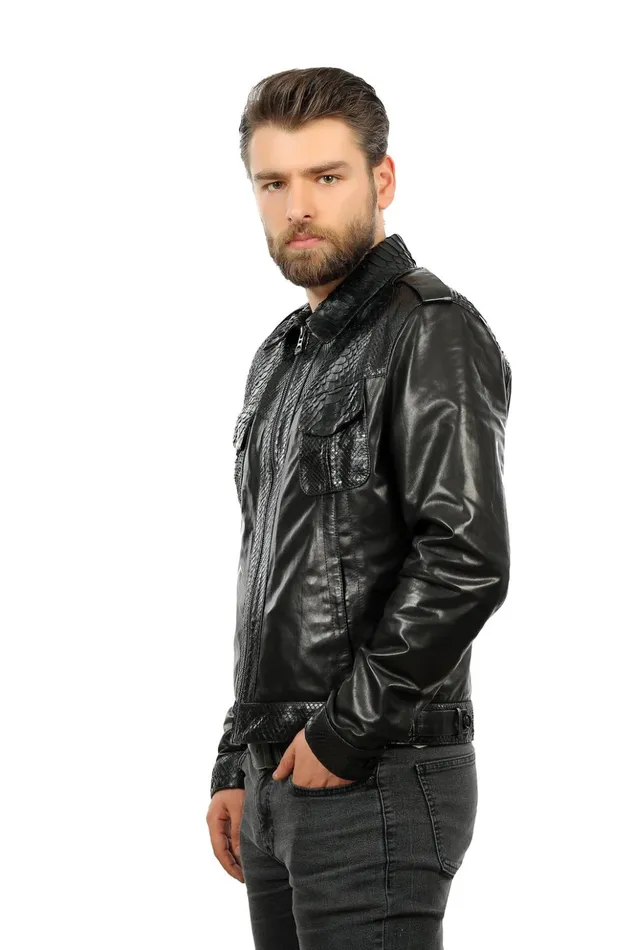 Vinci Leather Leather Jackets The Laquin Pythn Black Leather Jacket 8211 Men