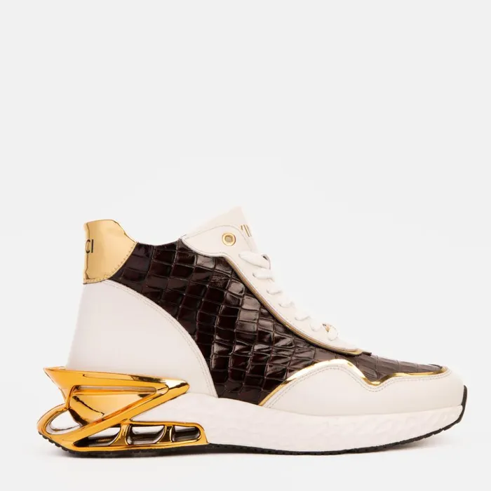 Vinci Leather Sneakers Bellagio White and Gold Leather HighTop Sneaker 8211 Men