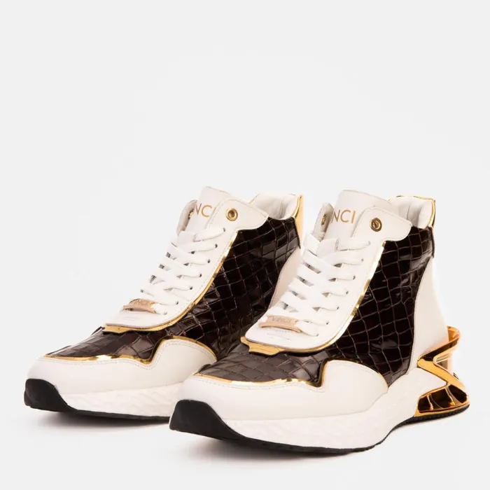 Vinci Leather Sneakers Bellagio White and Gold Leather HighTop Sneaker 8211 Men
