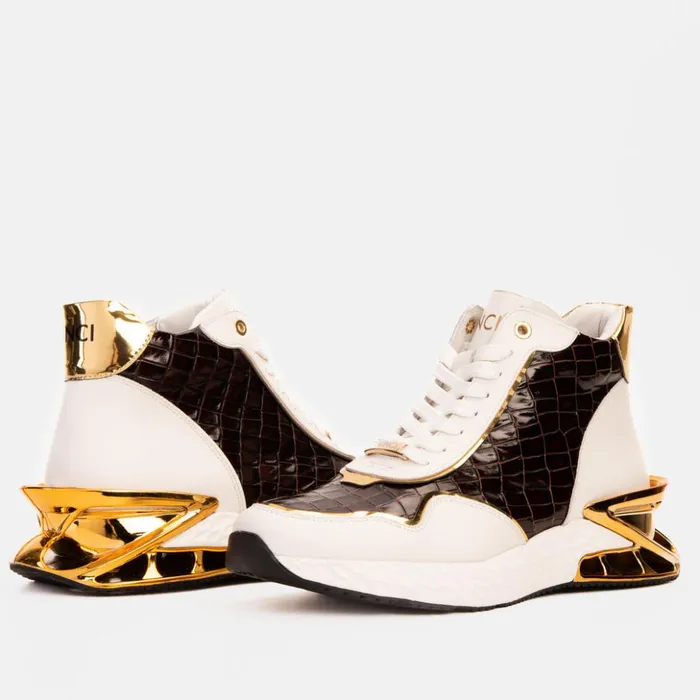 Vinci Leather Sneakers Bellagio White and Gold Leather HighTop Sneaker 8211 Men