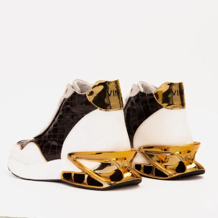 Vinci Leather Sneakers Bellagio White and Gold Leather HighTop Sneaker 8211 Men