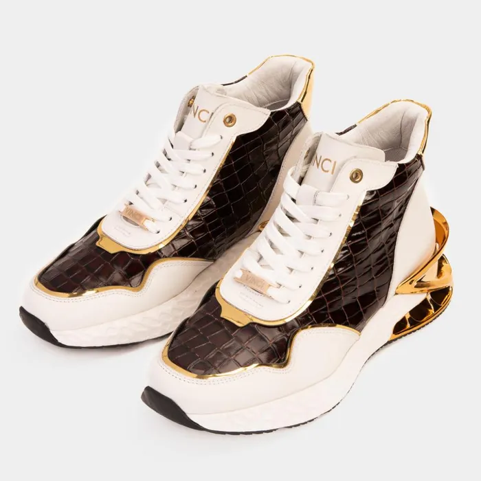 Vinci Leather Sneakers Bellagio White and Gold Leather HighTop Sneaker 8211 Men