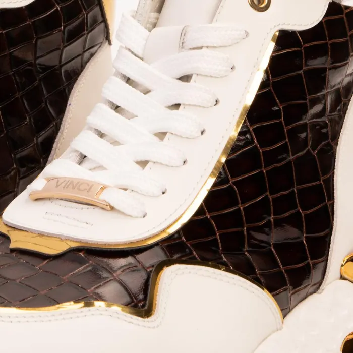 Vinci Leather Sneakers Bellagio White and Gold Leather HighTop Sneaker 8211 Men