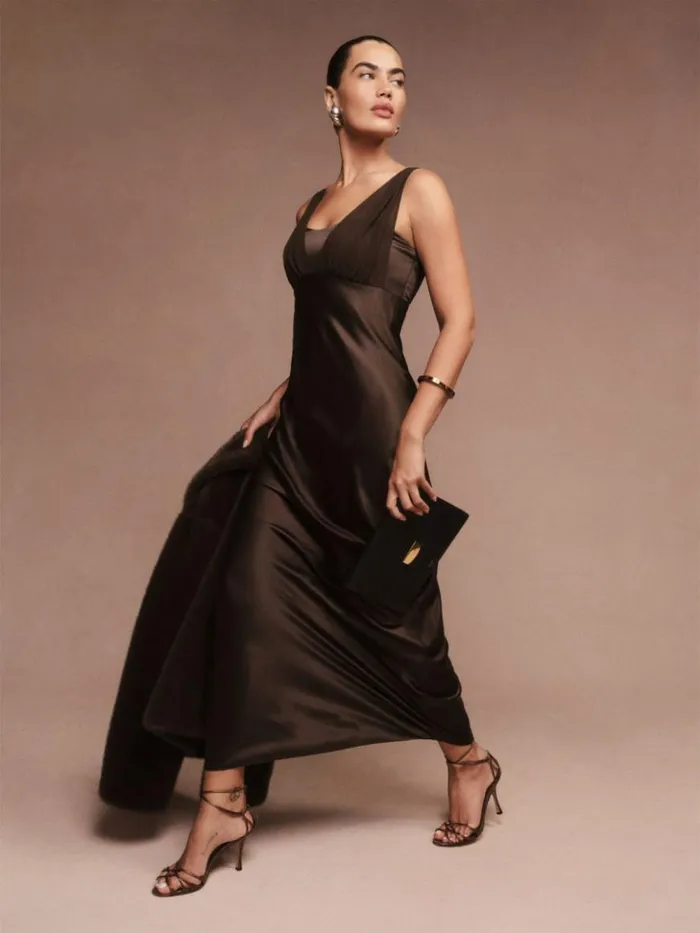 Weddings The Reformation Lune Dress Black Bean
