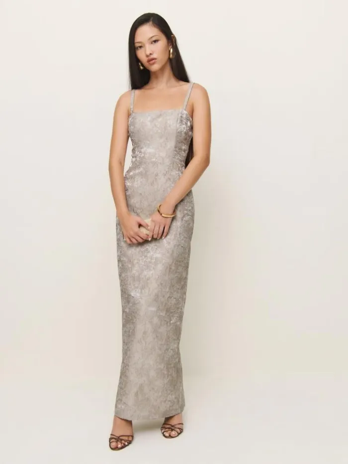 Weddings The Reformation Quince Dress Taupe Brocade