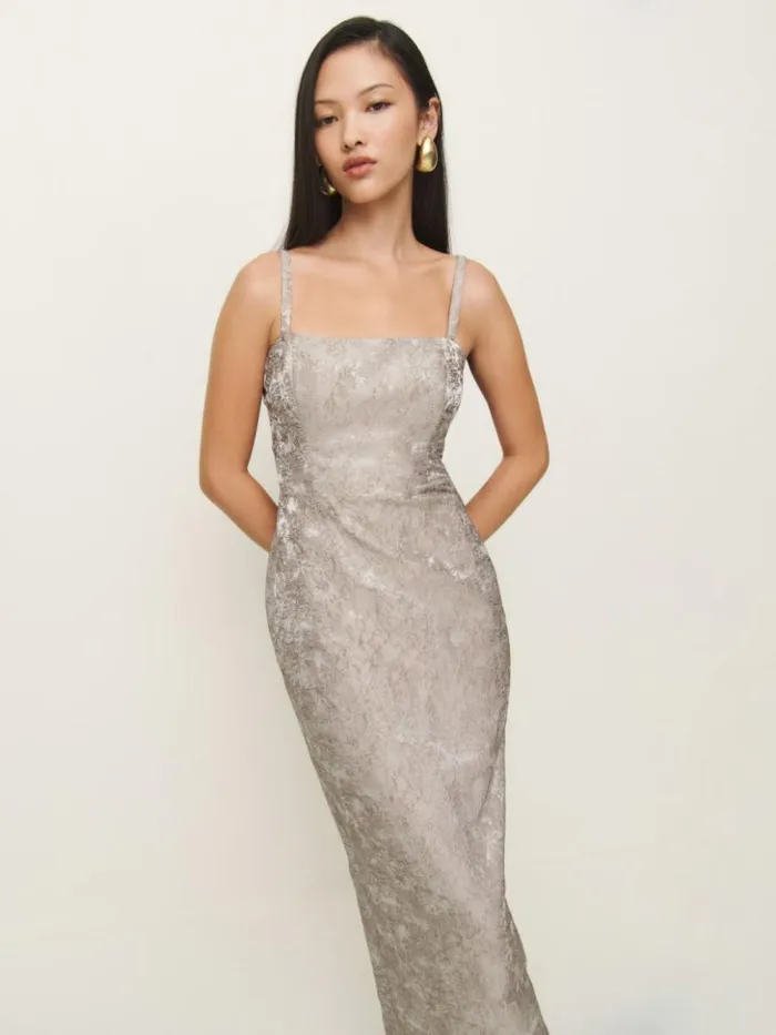 Weddings The Reformation Quince Dress Taupe Brocade