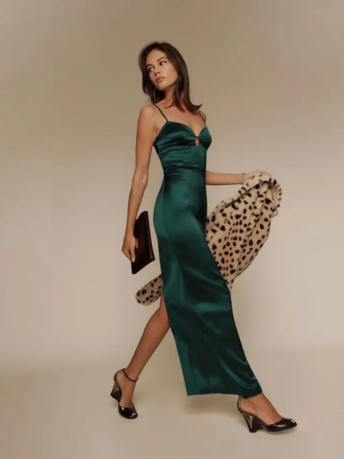 Weddings The Reformation Sathia Satin Dress Forest