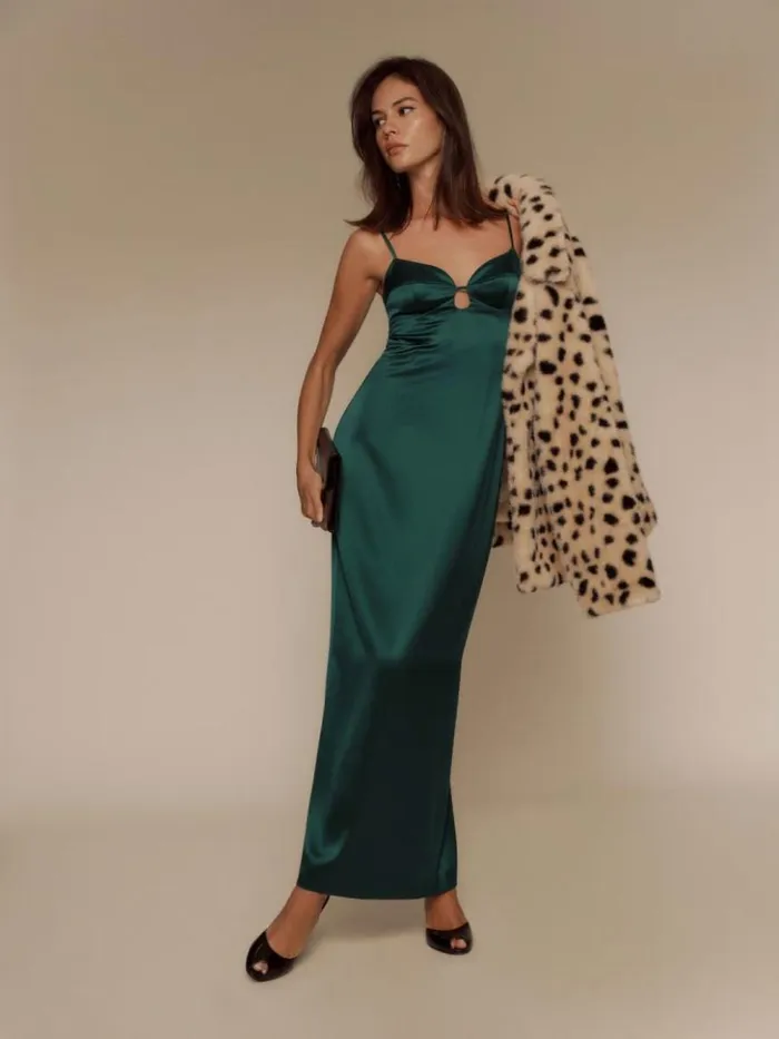 Weddings The Reformation Sathia Satin Dress Forest