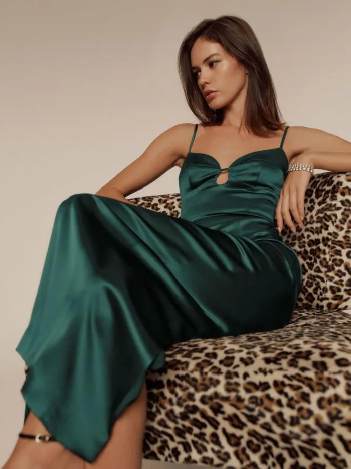 Weddings The Reformation Sathia Satin Dress Forest