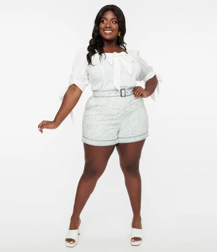 White and Dusty Blue Floral Belted Shorts ClothingPlus Unique Vintage Shorts