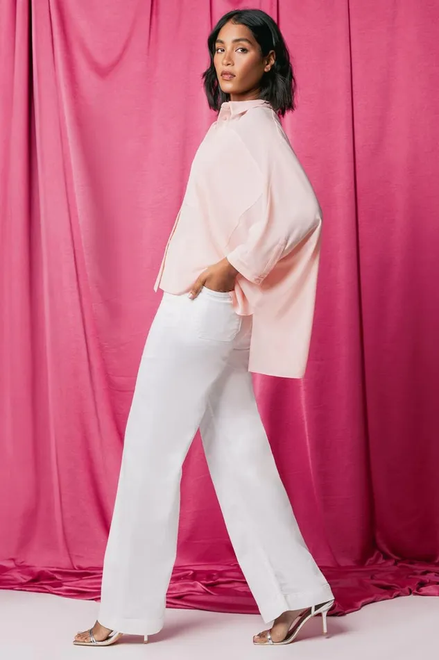 White Cotton Blend Wide Leg Stretch Jeans Women Roman Trousers