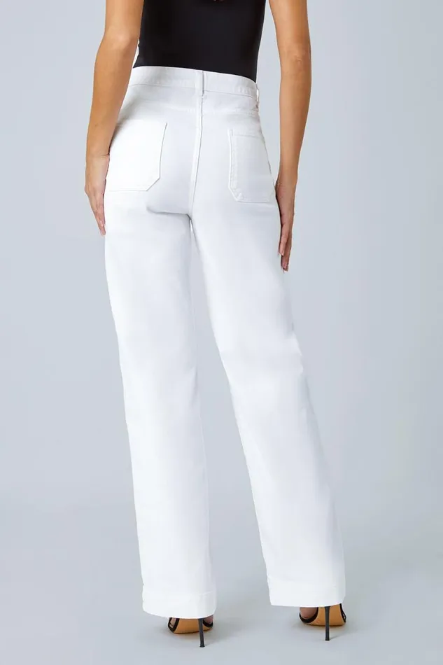 White Cotton Blend Wide Leg Stretch Jeans Women Roman Trousers