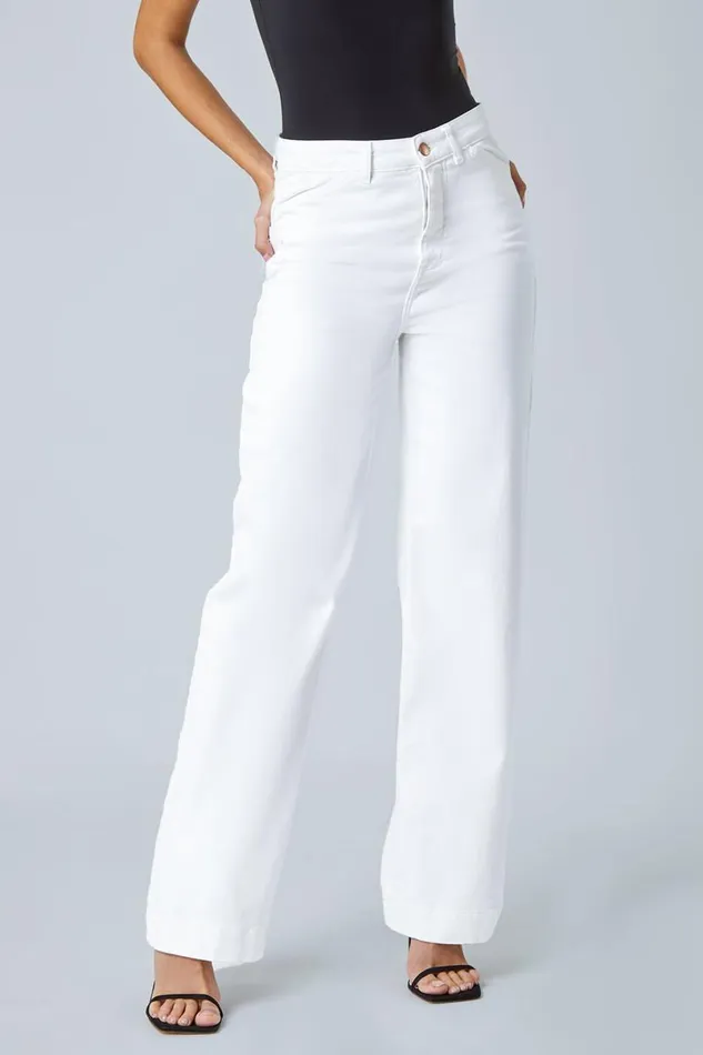 White Cotton Blend Wide Leg Stretch Jeans Women Roman Trousers