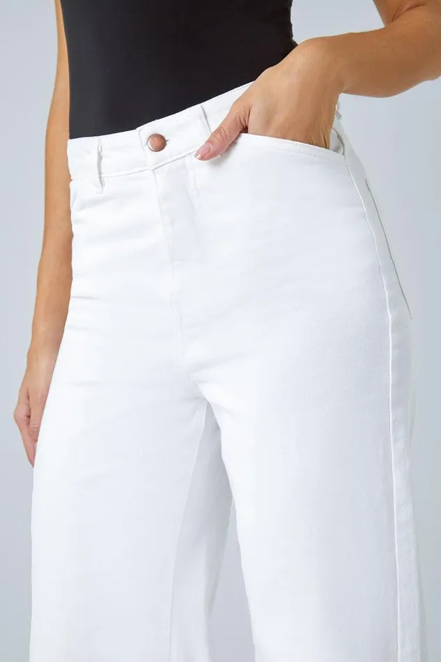White Cotton Blend Wide Leg Stretch Jeans Women Roman Trousers