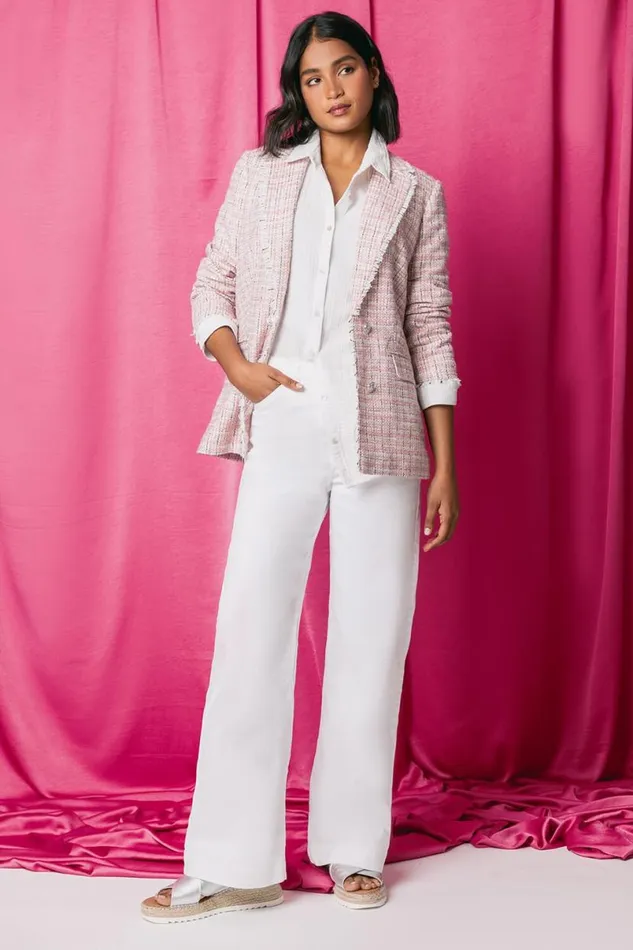 White Cotton Blend Wide Leg Stretch Jeans Women Roman Trousers