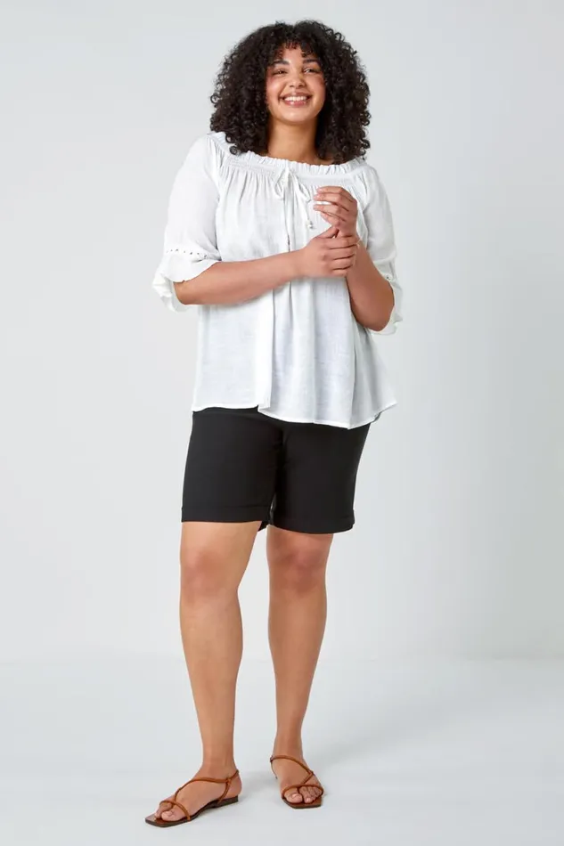 White Curve Lace Trim Bardot Top Women Roman Tops
