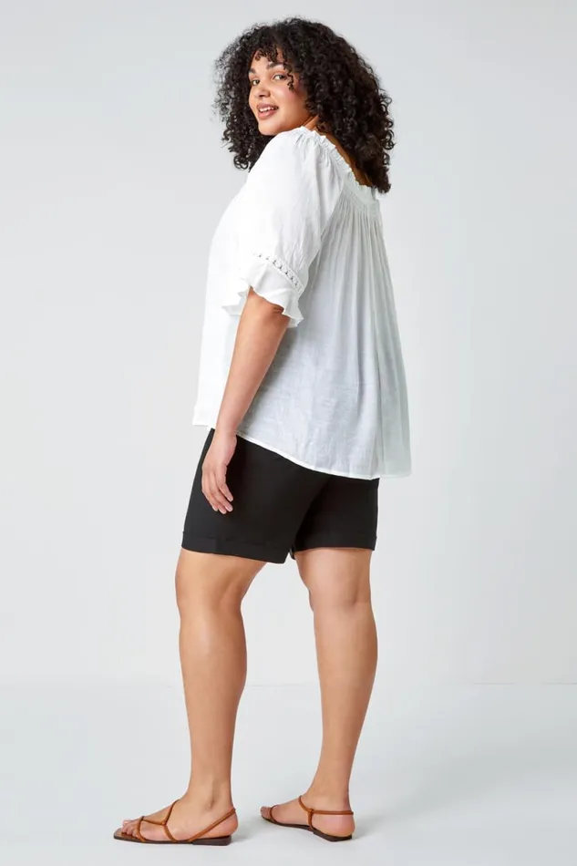 White Curve Lace Trim Bardot Top Women Roman Tops