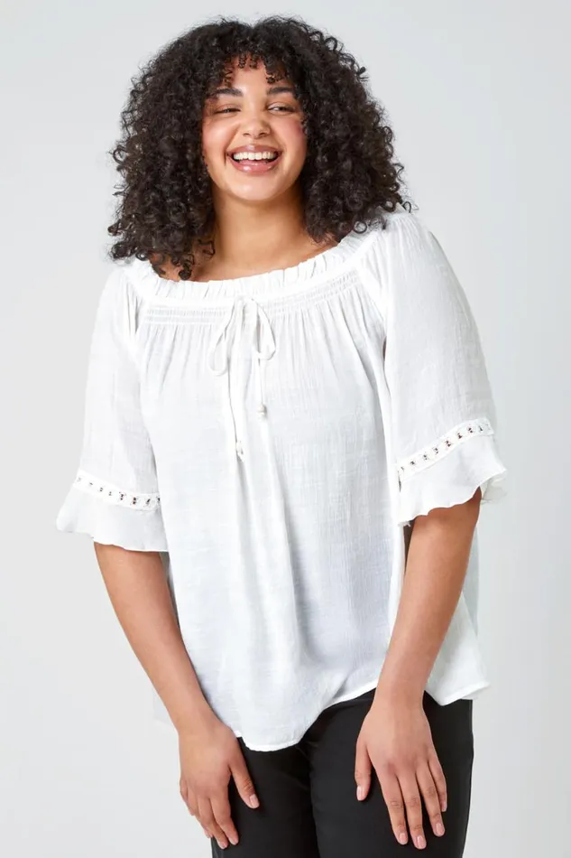 White Curve Lace Trim Bardot Top Women Roman Tops
