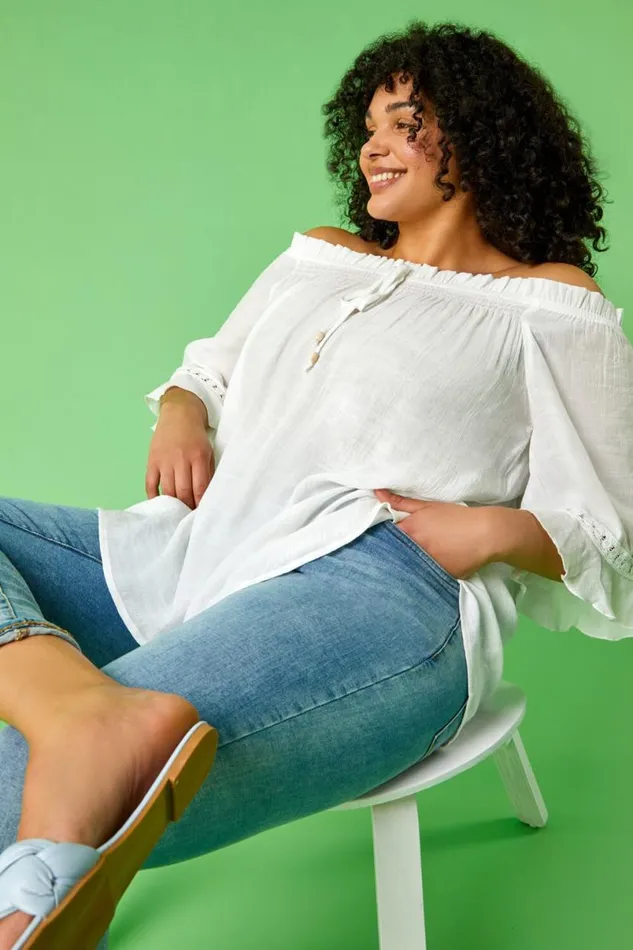 White Curve Lace Trim Bardot Top Women Roman Tops