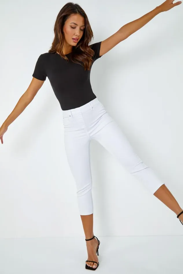White Elastic Waist Cropped Denim Jegging Women Roman Coords