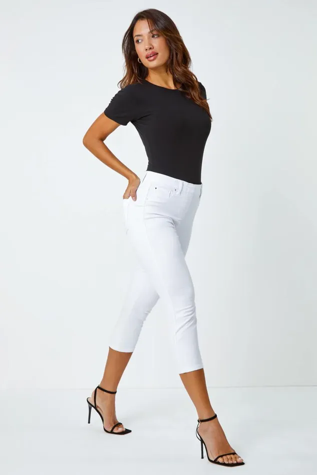 White Elastic Waist Cropped Denim Jegging Women Roman Coords