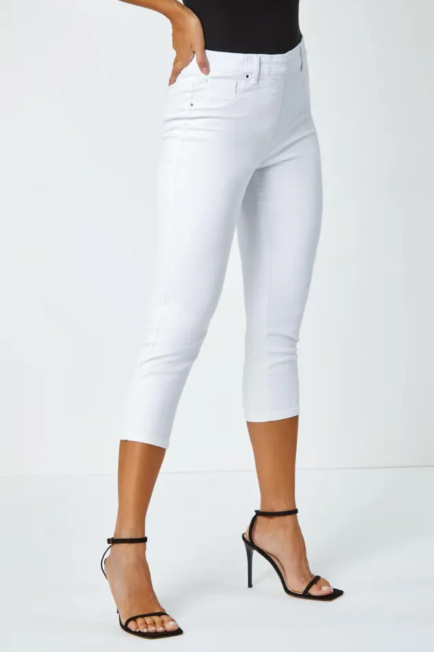 White Elastic Waist Cropped Denim Jegging Women Roman Coords