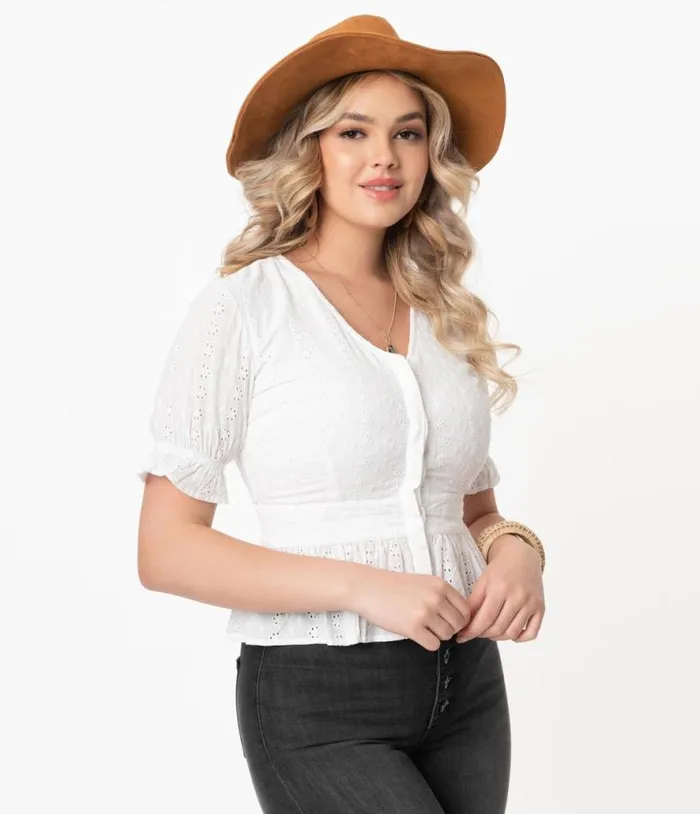 White Eyelet Peplum Jolene Blouse Clothing Unique Vintage Blouses