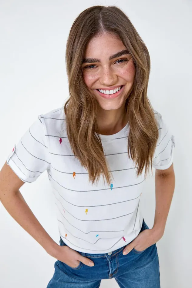 White Lightning Embroidery Stripe Stretch TShirt Women Roman Tops