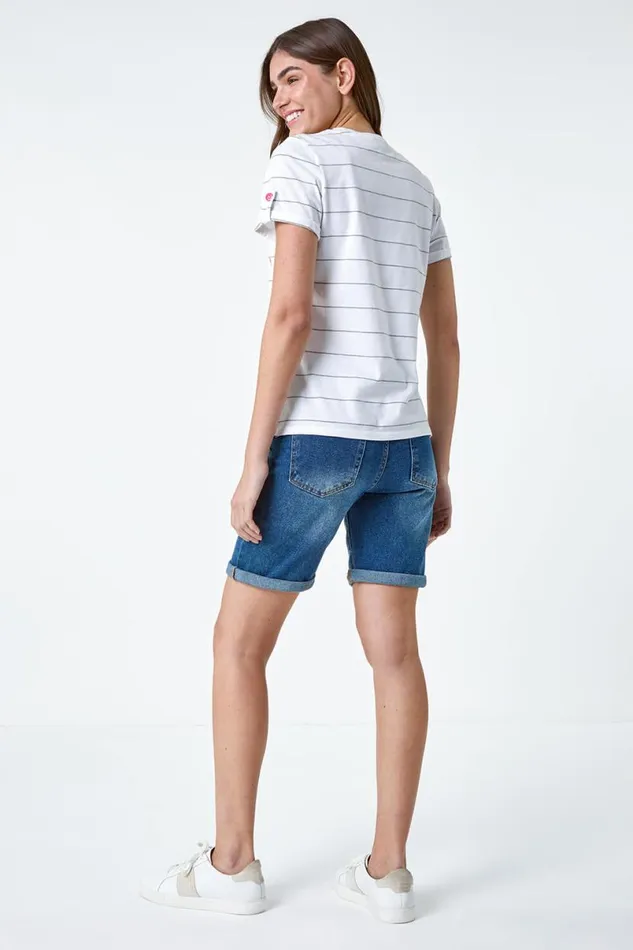 White Lightning Embroidery Stripe Stretch TShirt Women Roman Tops