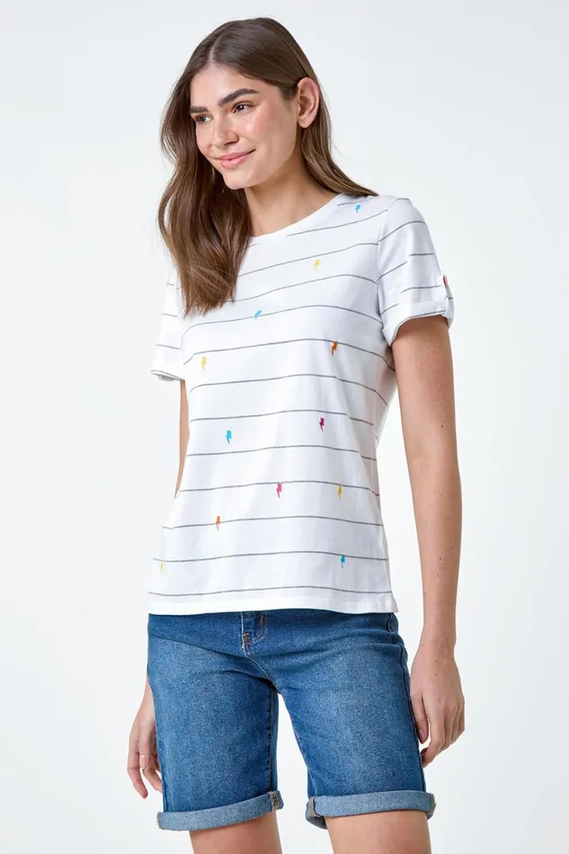 White Lightning Embroidery Stripe Stretch TShirt Women Roman Tops