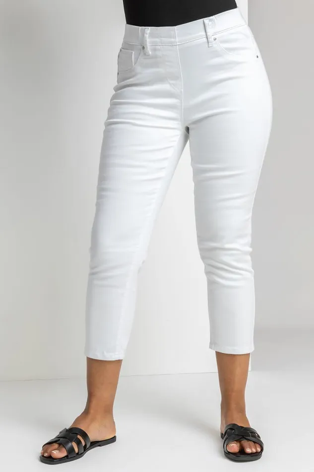 White Petite Elastic Waist Denim Cropped Jegging Women Roman Trousers