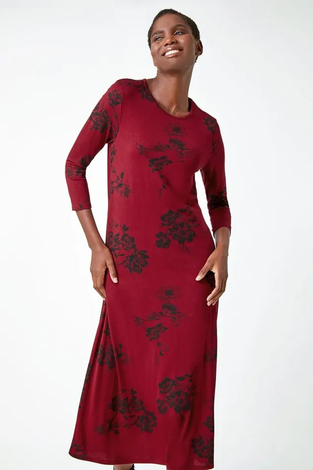 Wine Floral Pocket Detail Midi Stretch Dress Women Roman Dresses