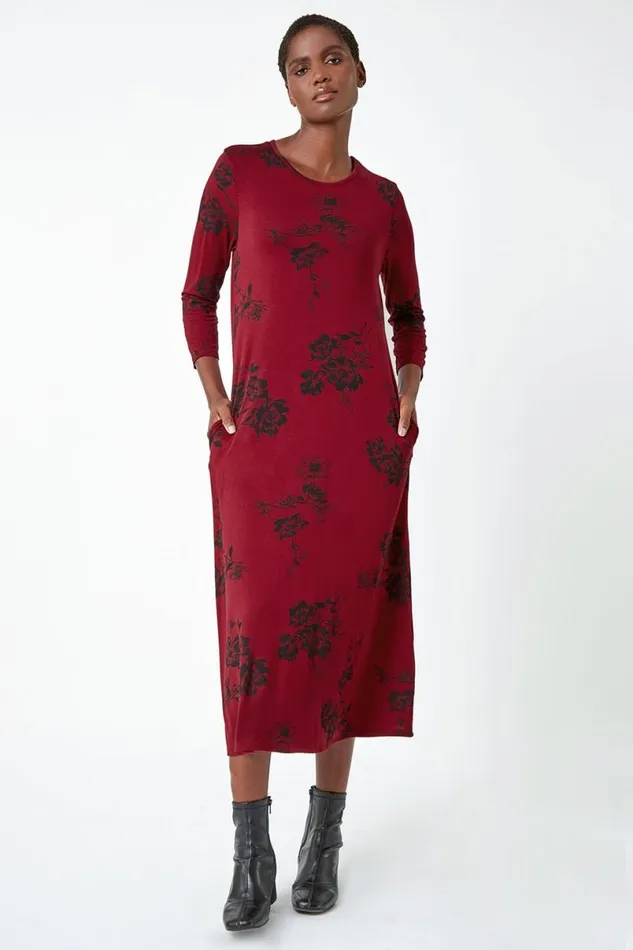 Wine Floral Pocket Detail Midi Stretch Dress Women Roman Dresses