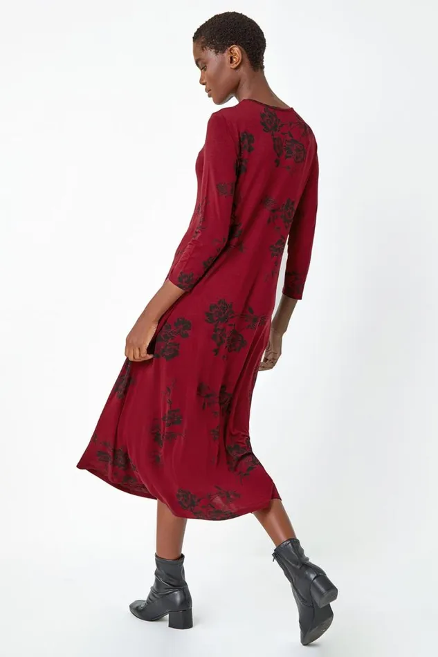 Wine Floral Pocket Detail Midi Stretch Dress Women Roman Dresses