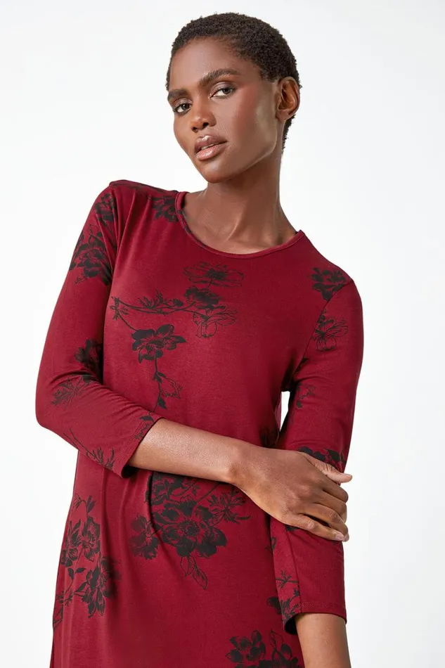 Wine Floral Pocket Detail Midi Stretch Dress Women Roman Dresses