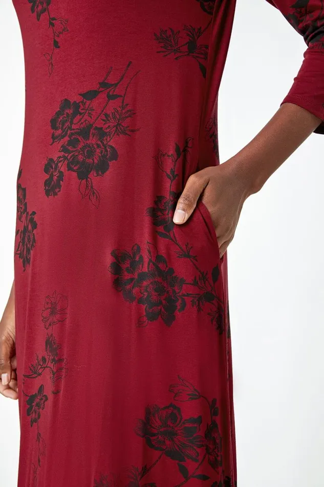 Wine Floral Pocket Detail Midi Stretch Dress Women Roman Dresses