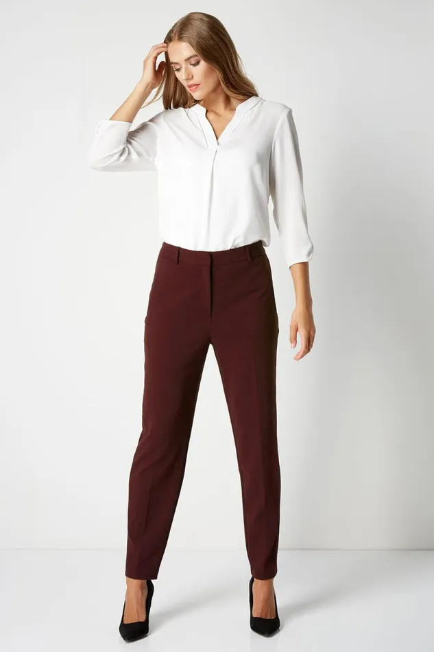 Wine Long Straight Leg Stretch Trouser Women Roman Trousers