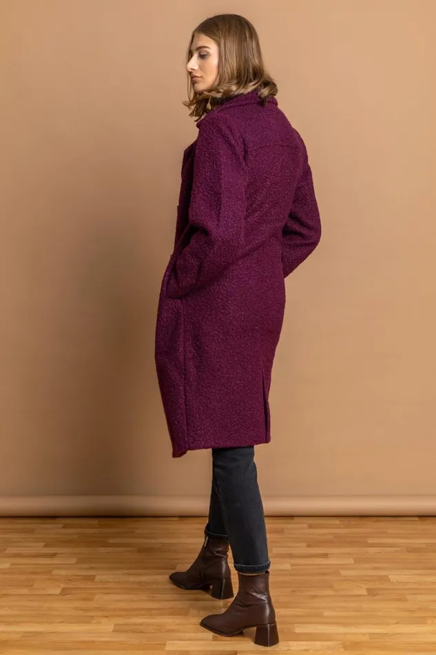 Wine Longline Boucle Textured Coat Women Roman Coats