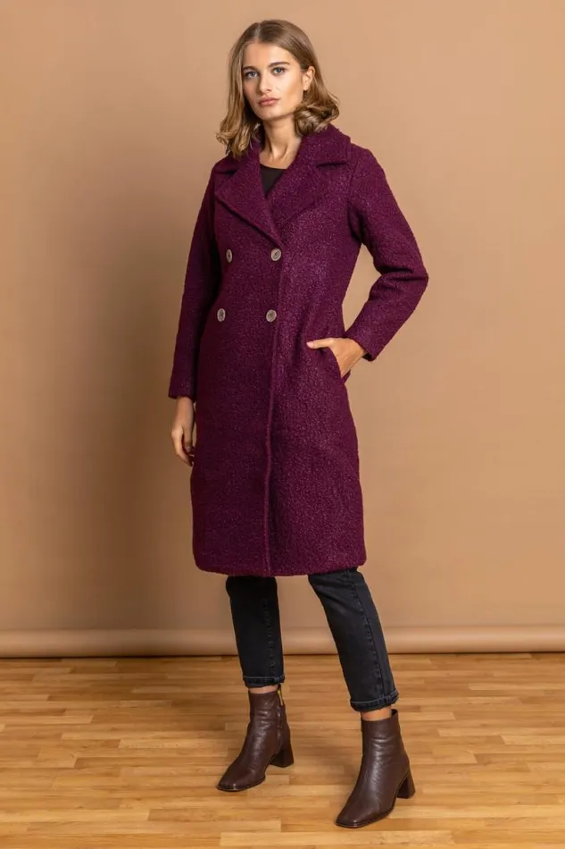 Wine Longline Boucle Textured Coat Women Roman Coats