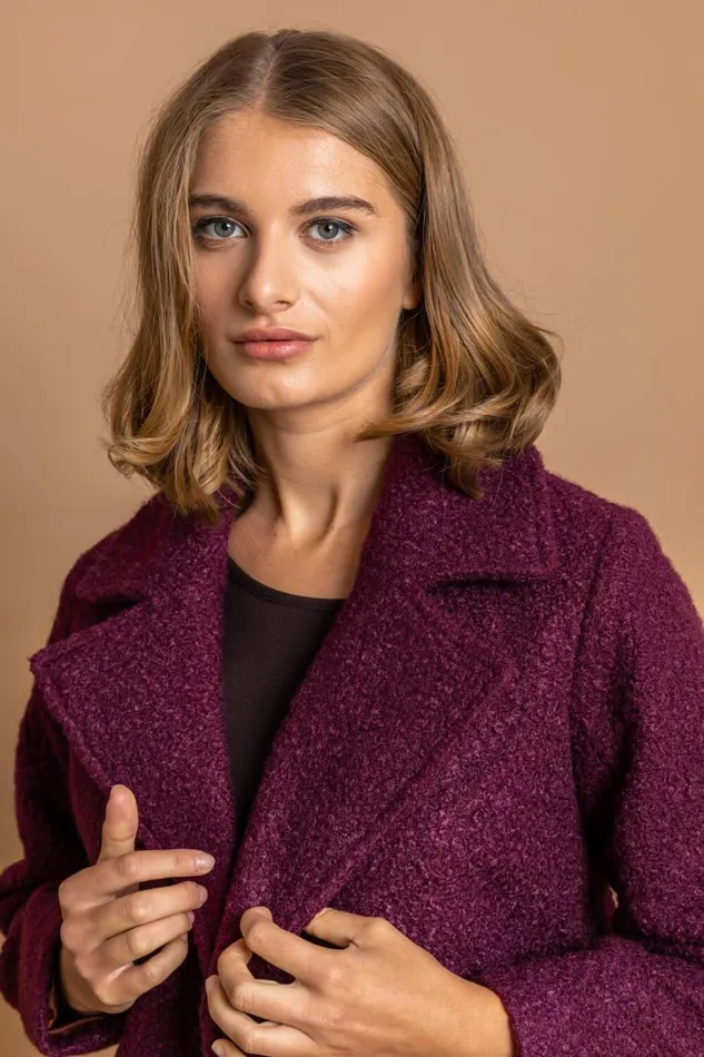Wine Longline Boucle Textured Coat Women Roman Coats