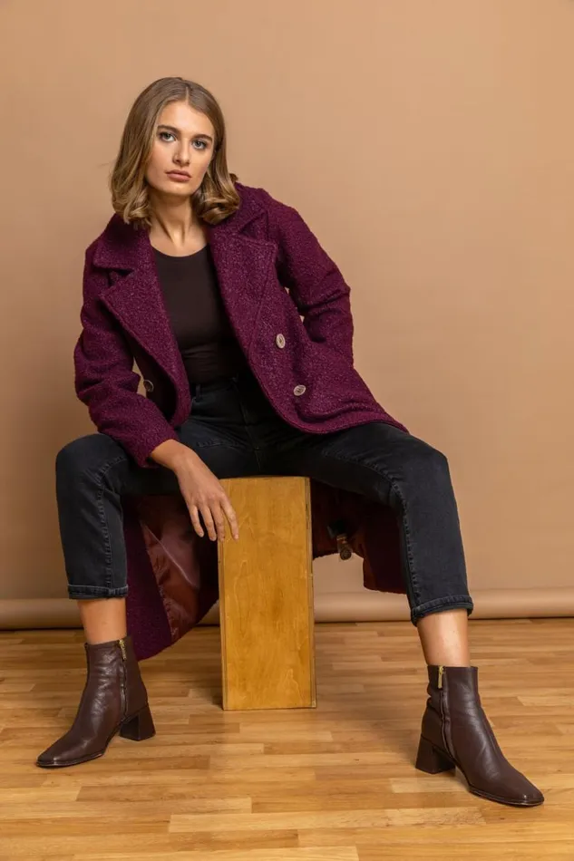 Wine Longline Boucle Textured Coat Women Roman Coats