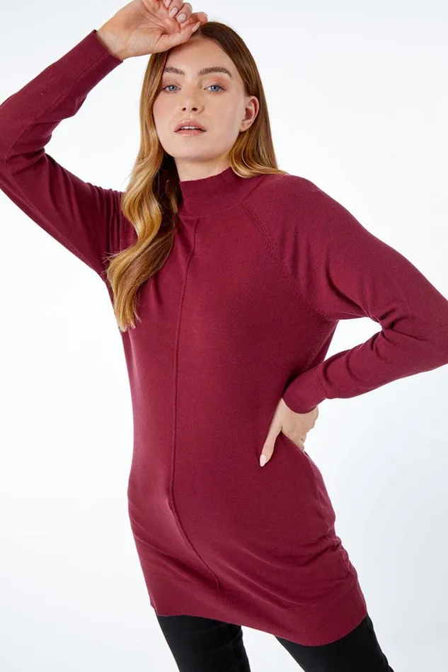 Wine Longline High Neck Tunic Jumper Women Roman Knitwear